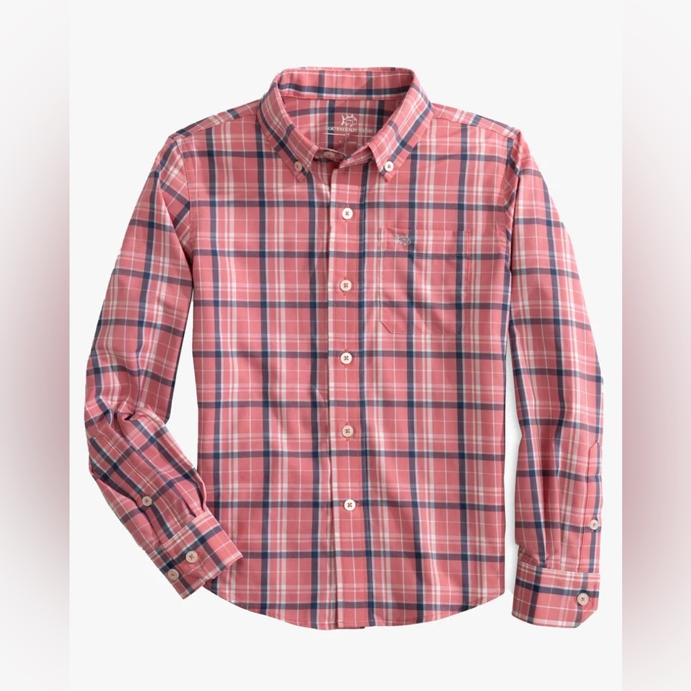 Southern Tide Red Pink and Navy Plaid Button Down Shirt Boys Size Medium